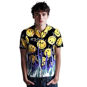 Trouble Maker Men's Button Up Short Sleeve Shirt Smile Emojis